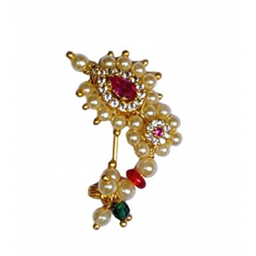 KUNDAN & PEARL GOLD PLATED MARATHI BRIDAL NOSE RING – Sanvi Jewels